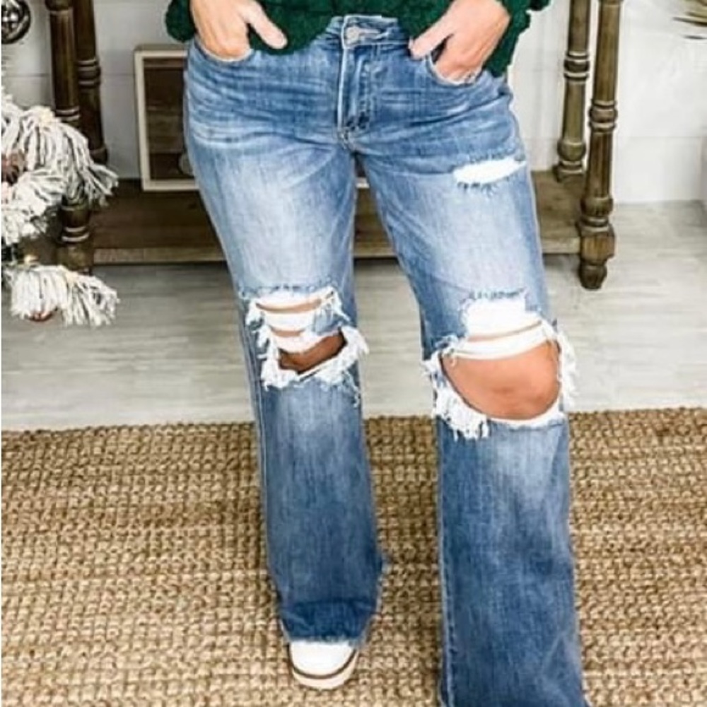 NWT Risen High-Rise Distressed Wide-Leg Dad Jeans